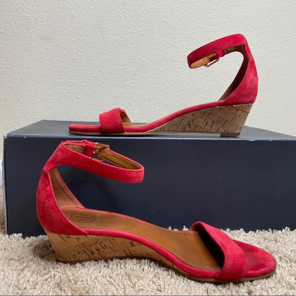 Tory Burch Savannah Wedge Red Suede Sandal Size 8 - Picture 6 of 10